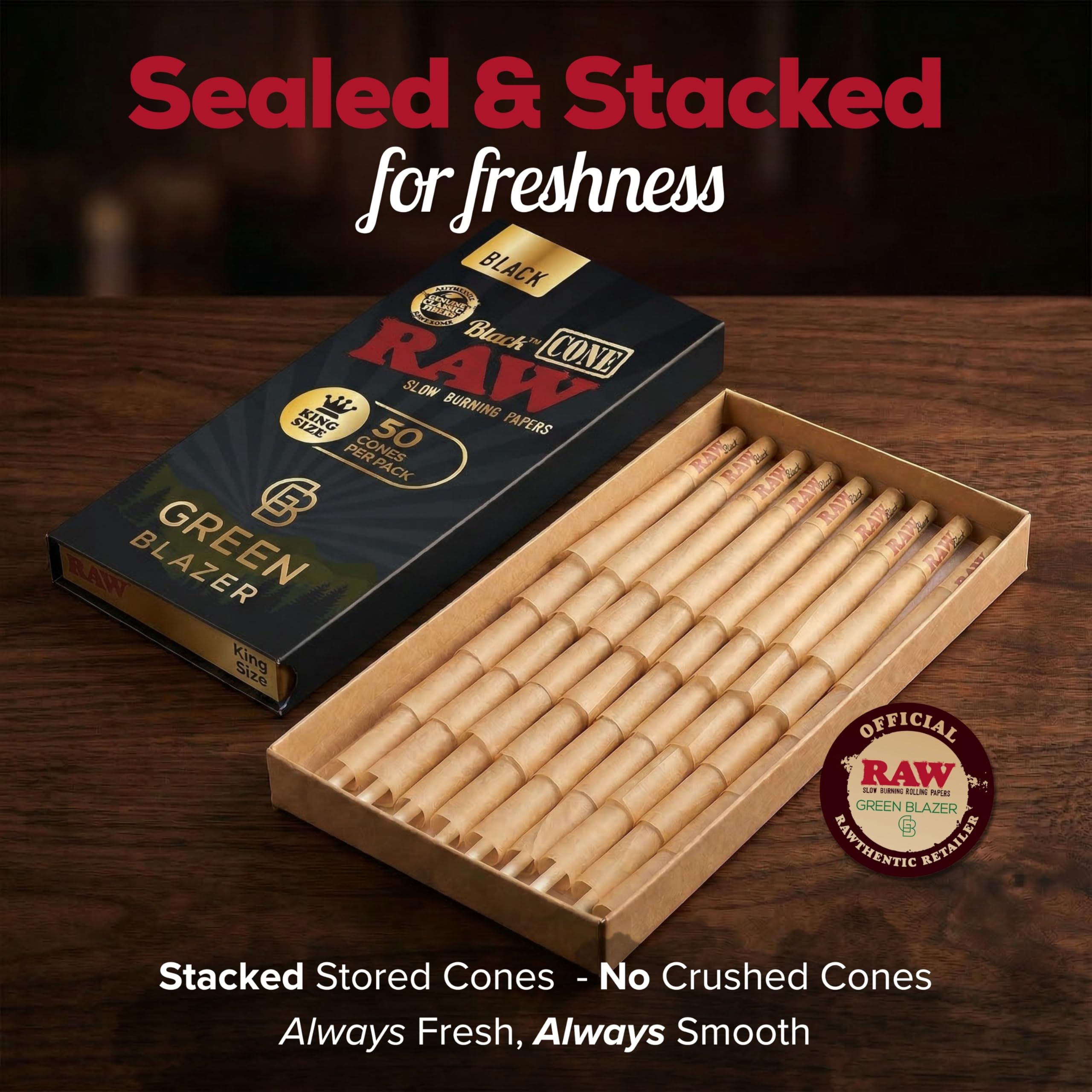 RAW Cones Black King Size: 50 Pack - Translucent, Extra Fine Pre Rolled Cones & Tips, Patented Slow Burn, All Natural RAWthentic, 109mm