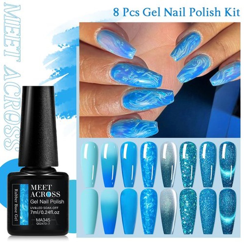 8PCS Gel Nail Polish Set Royal Sky Blue Navy, Reflective Glitter Cat Eye Color Changing Moonlight Magnetic Thermal Rubber Base Coat Glaze Builder Meteorite Sequins Glitter Thermal Manicure for Women