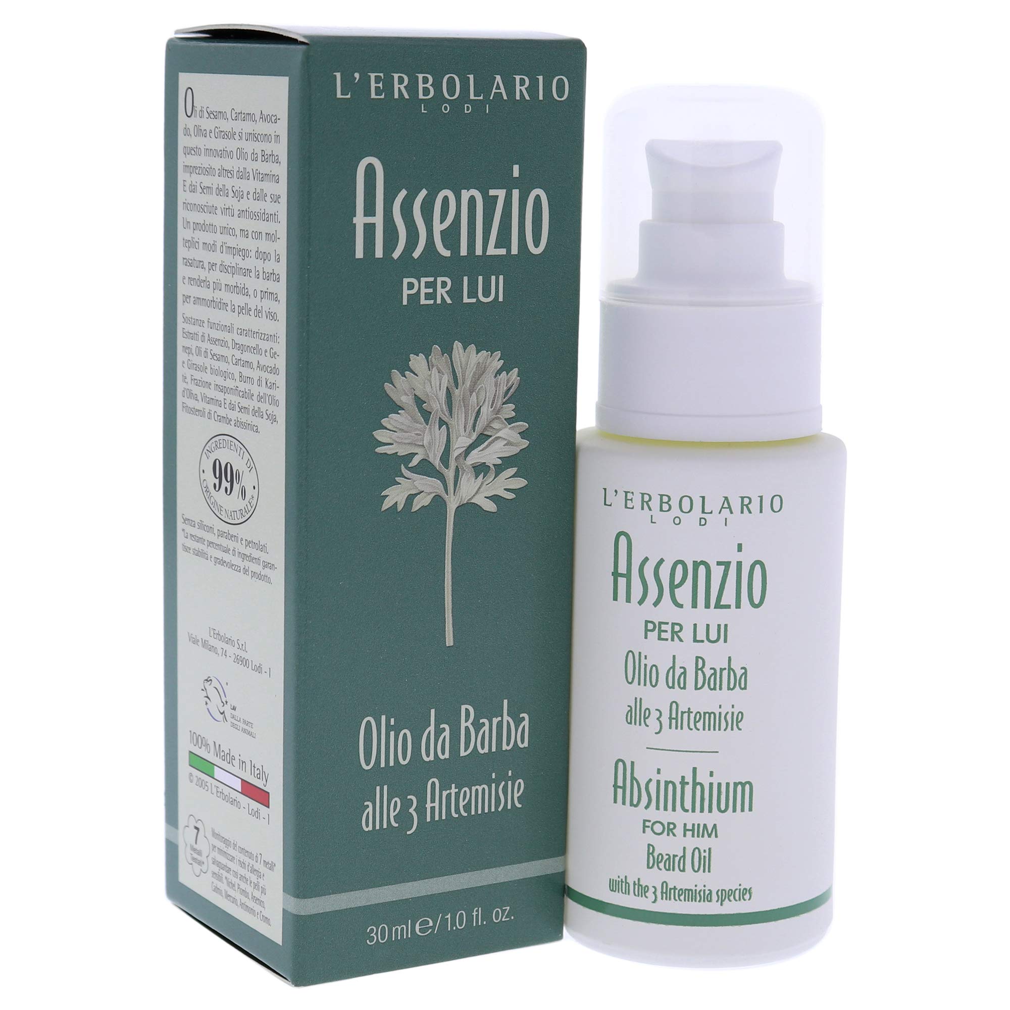 L'Erbolario Absinthium Beard Oil - Delicate, Super Emollient And Light Texture Oil For Skin - Can Be Used In Multiple Ways - Use After Shaving To Control Beard Or Before, To Soften - For Men - 1 Oz
