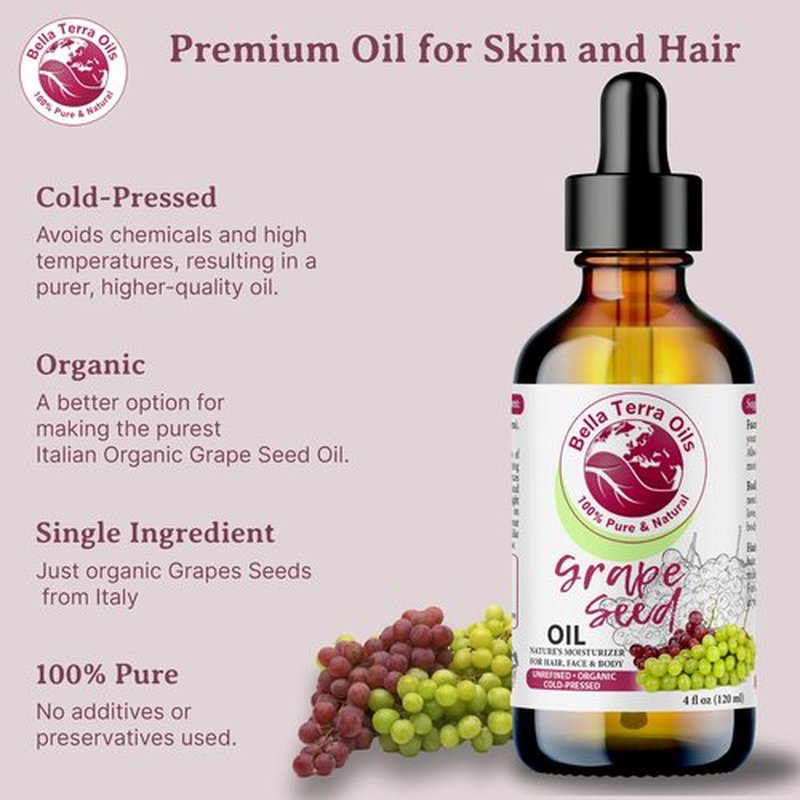 Bella Terra Oils - Organic Grape Seed Oil 8oz - The Pinnacle of Organic Grape's Enzymatic Excellence, Famed for its Linoleic Acid & Omega-6, For the Discerning Skin Connoisseur