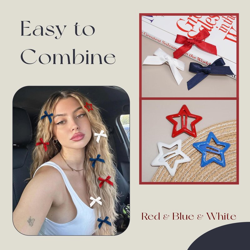 YAEISM 24PCS Star Hair Clips 3 Colors Bow Hair Clips Satin Small Hair Bows Metal Snap Star Clips Y2K Coquette Barrettes American Flag Clips Hair Accessories for Women