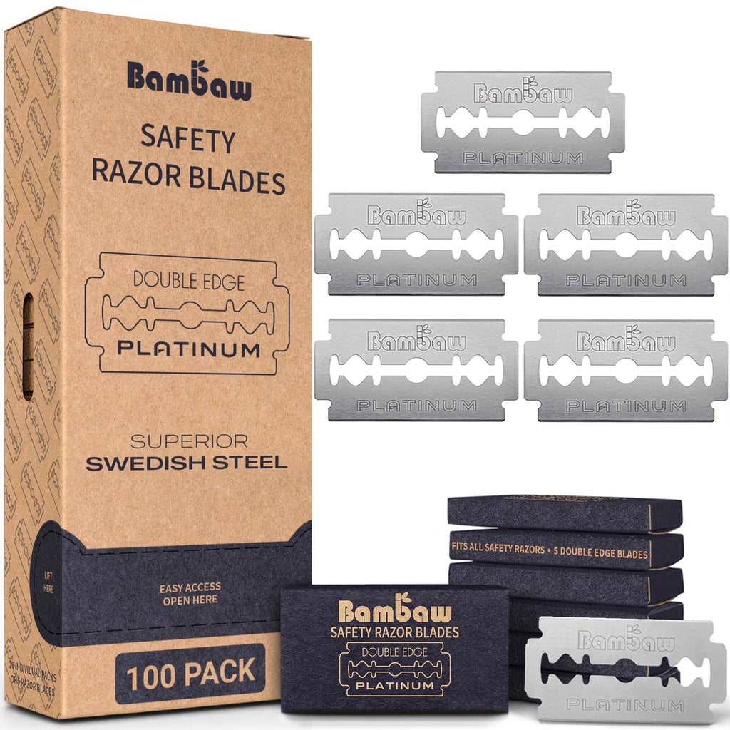 Bambaw Double Edge Safety Razor Blades, 100 Pack, Platinum Swedish Stainless Steel Replacement Razor Blades, Long-Lasting Performance, Smooth & Precise Shave, Up to 2 Years Supply