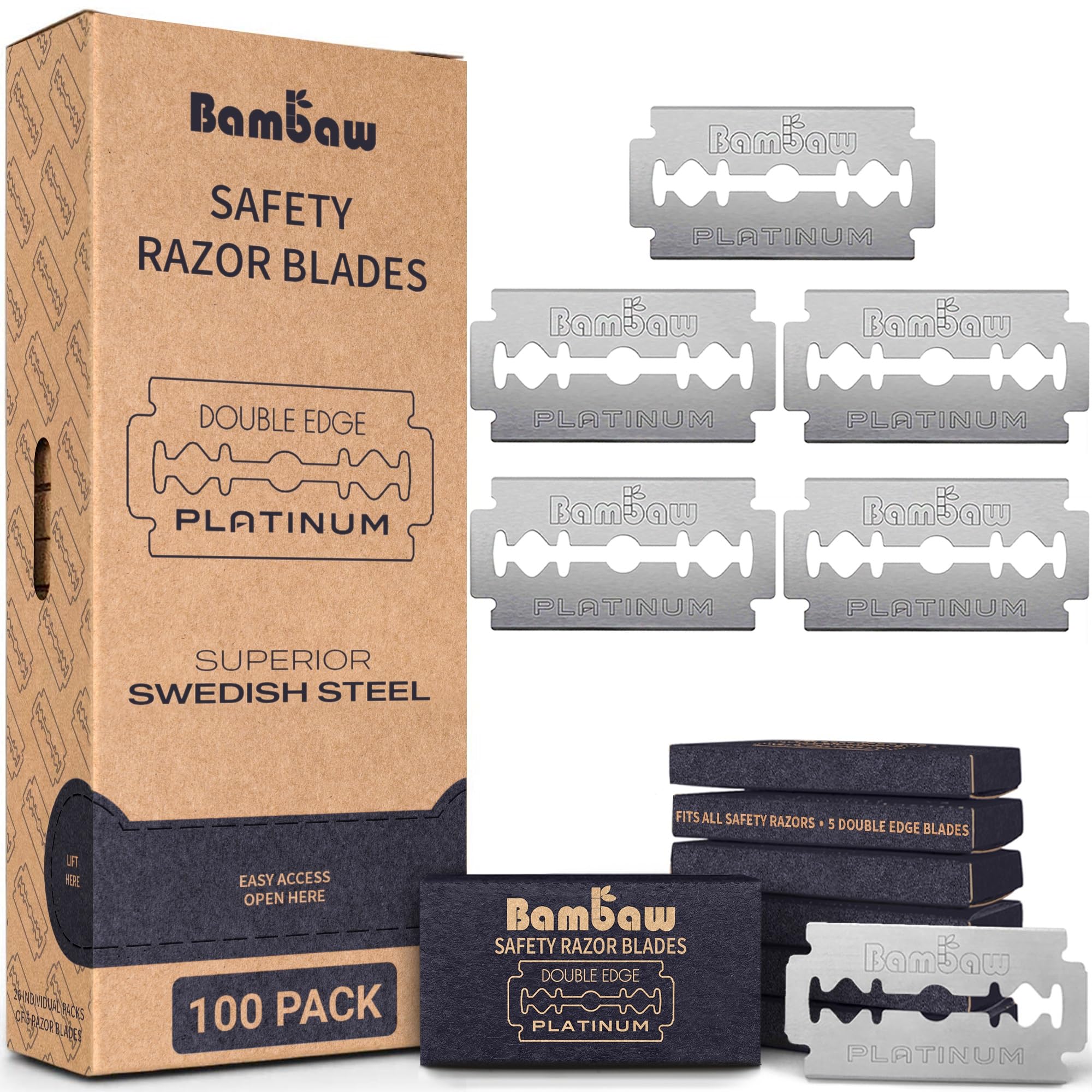 Bambaw Double Edge Safety Razor Blades, 100 Pack, Platinum Swedish Stainless Steel Replacement Razor Blades, Long-Lasting Performance, Smooth & Precise Shave, Up to 2 Years Supply