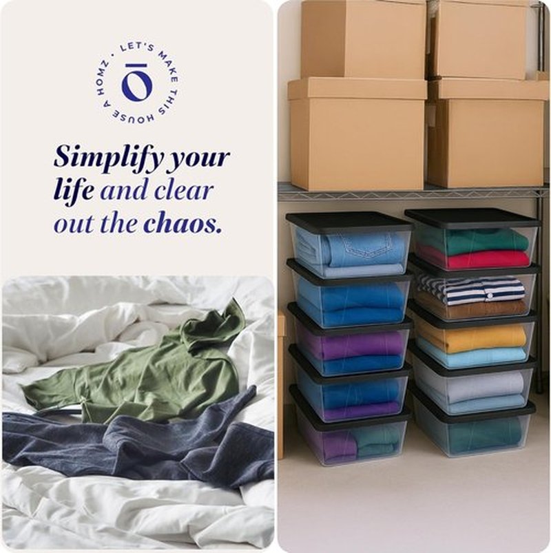 HOMZ 10-Pack Snaplock Storage Bins - Clear Plastic Organizer Containers with Lids, 6 Quart, Gray