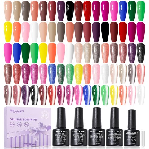Gellen 24pcs Gel Nail Polish Set, 20 Gel Polish Colors with Base Coat and Glossy Matte Cateye Top Coat, HEMA TMPTA TPO 3-Free Red Pink Green White UV Cured Soak Off Salon Nail Kit, Gift for Women Girl