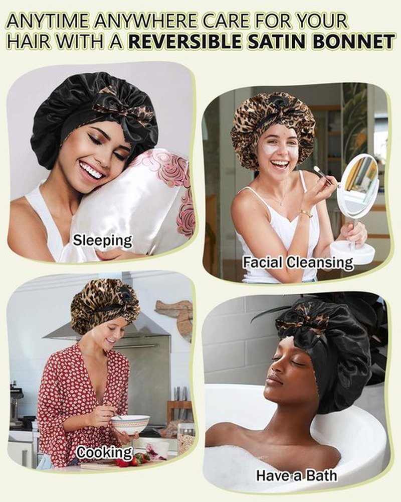 Satin Bonnet Silk Hair Wrap for Sleeping - Reversible Night Cap with Tie Band (Leopard + Black)