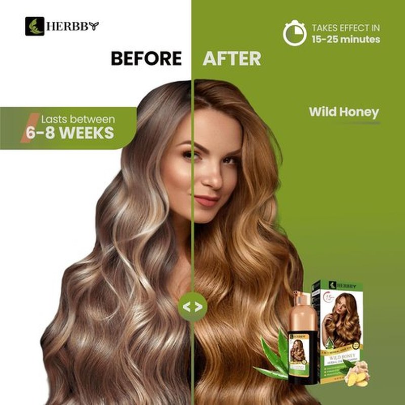 HERBBY Hair Color Shampoo - Gray Hair Coverage & Color Transformation with 9 Herbal Extracts | Long Lasting (6-8 Weeks), Shiny Wild Honey Color, 500 ml