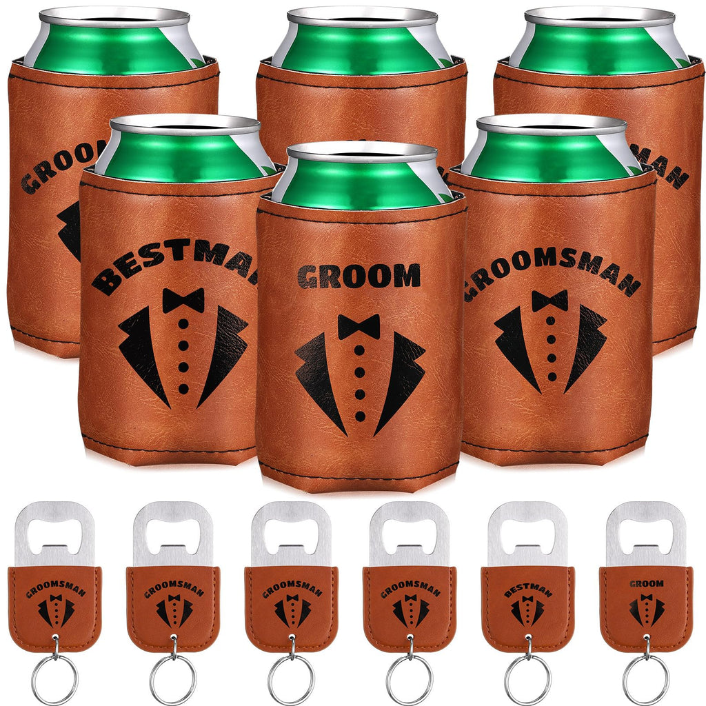 SiliFine 6 Sets Groom and Groomsmen Leather Can Cooler with 6 Bottle Opener Personalized Groomsmen Personalized Leather Beer Can Favors for Best Man Proposal Wedding Gifts