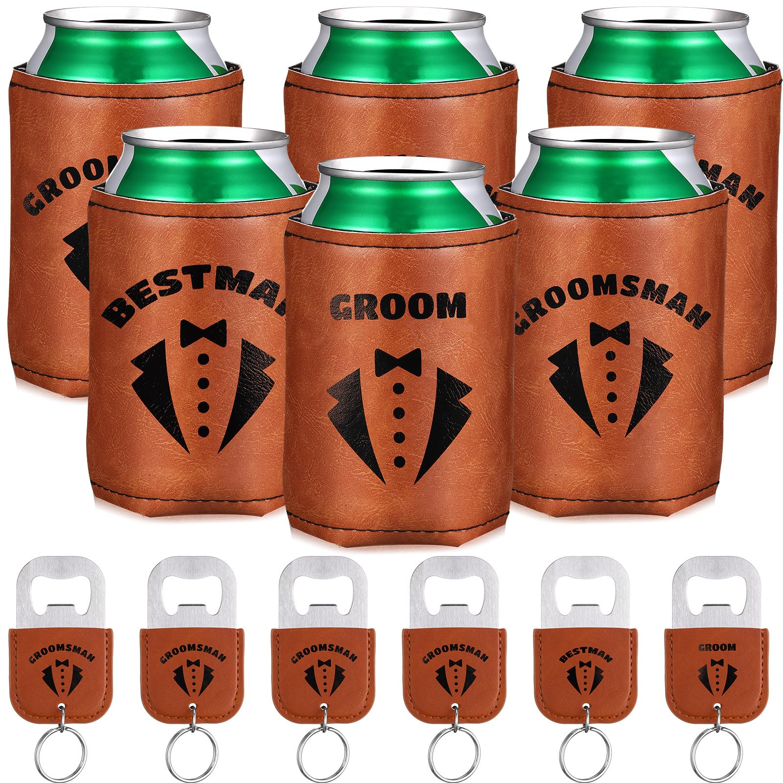 SiliFine 6 Sets Groom and Groomsmen Leather Can Cooler with 6 Bottle Opener Personalized Groomsmen Personalized Leather Beer Can Favors for Best Man Proposal Wedding Gifts