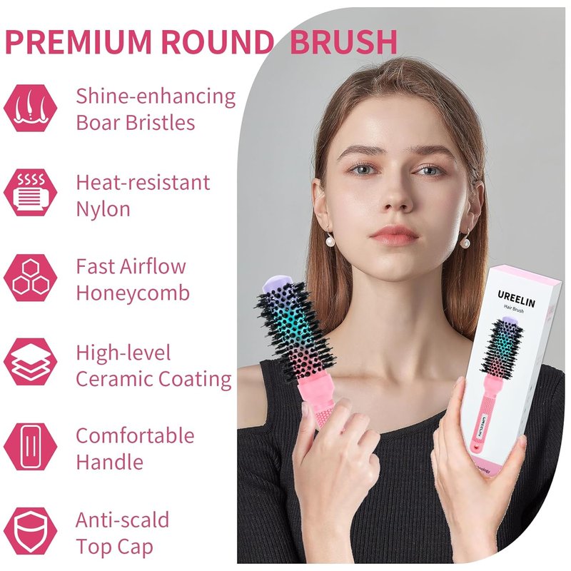 UREELIN Round Brush - 1.3 Inch Nano Thermal Ceramic & Ionic Hair Brush with Boar Bristles for Salon-Quality Blowouts, Volume, and Shine
