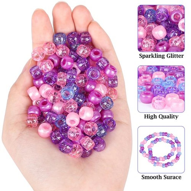 Snoghmil 1600pcs Hair Beads Kit Including 600pcs 9x6mm Glitter-Purple Pony Beads, 1000pcs Elastic Rubber Bands, and 5pcs Quick Beaders for Kids Hair Braids