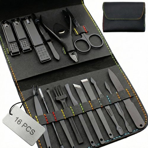 16 Piece Manicure & Pedicure Kit – Black Stainless Steel Nail Clippers, Cuticle Tools & Grooming Set with Travel Case for Home or On The Go