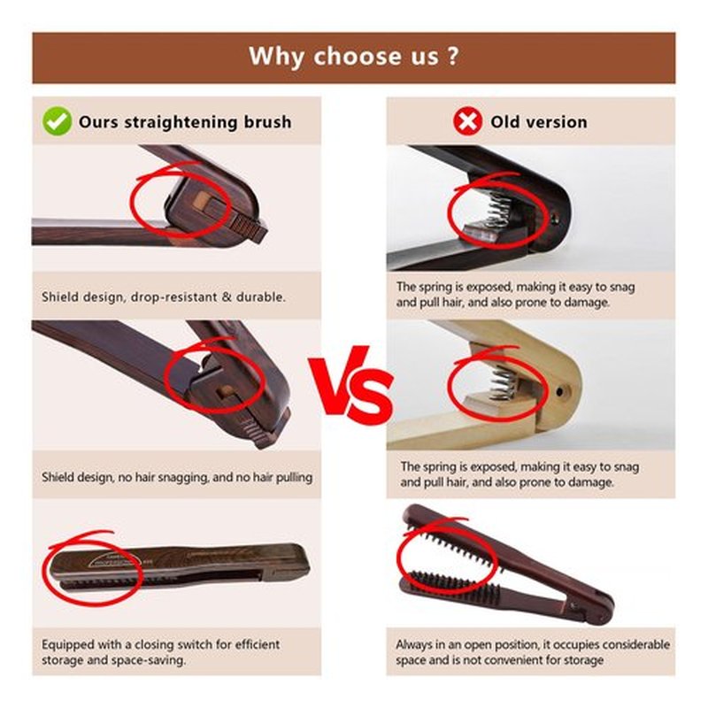 PERFEHAIR Double Sided Straightening Brush - Natural Boar Bristle Clamp for Smooth, Frizz-Free Styling, No Hair Pulling, Long-Lasting Design