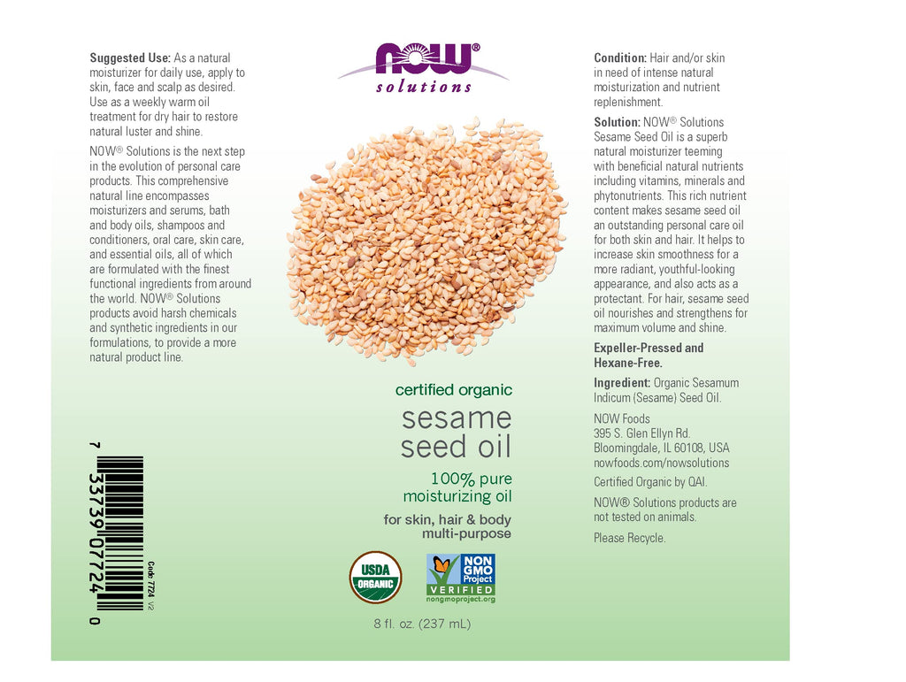NOW Foods Solutions, Organic Sesame Seed Oil, 100% Pure Moisturizing Oil for Skin and Hair, with Vitamins, Minerals and Phytonutrients, 8-Ounce