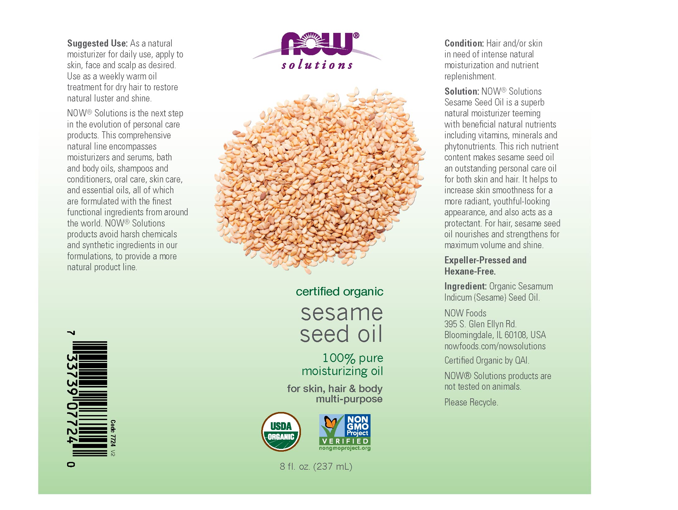 NOW Foods Solutions, Organic Sesame Seed Oil, 100% Pure Moisturizing Oil for Skin and Hair, with Vitamins, Minerals and Phytonutrients, 8-Ounce
