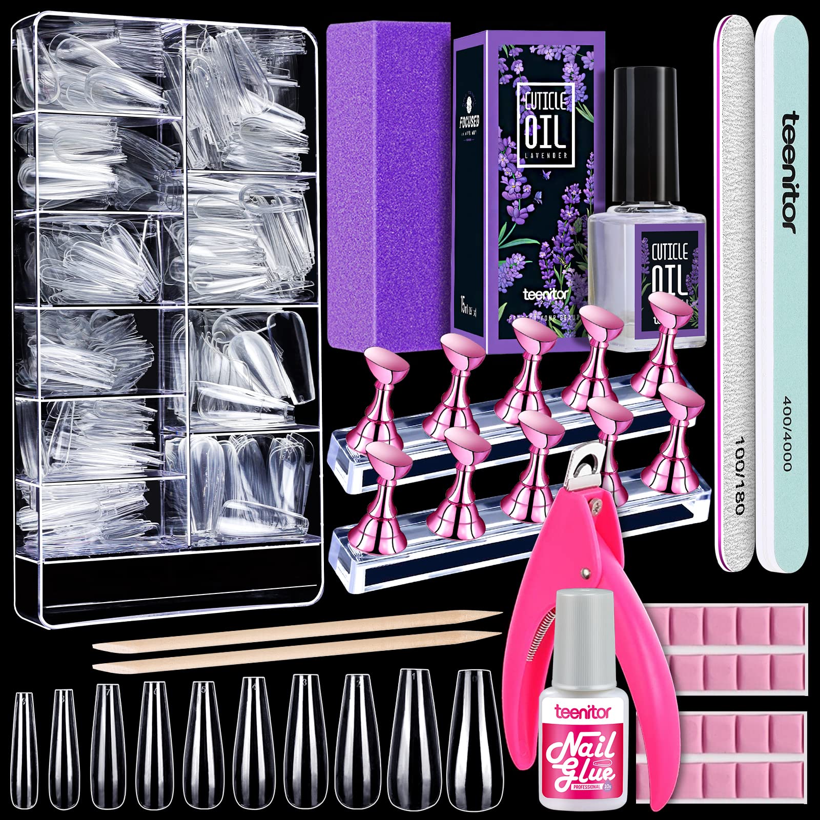 Teenitor Clear Coffin Nail Tips Set, Long Acrylic Nail Tips Full Cover Clear Press On Nails, 600pcs Ballerina Fake Nails with Nail Glue, Acrylic Nail Clipper, Nail Stand With Putty, Cuticle Oil