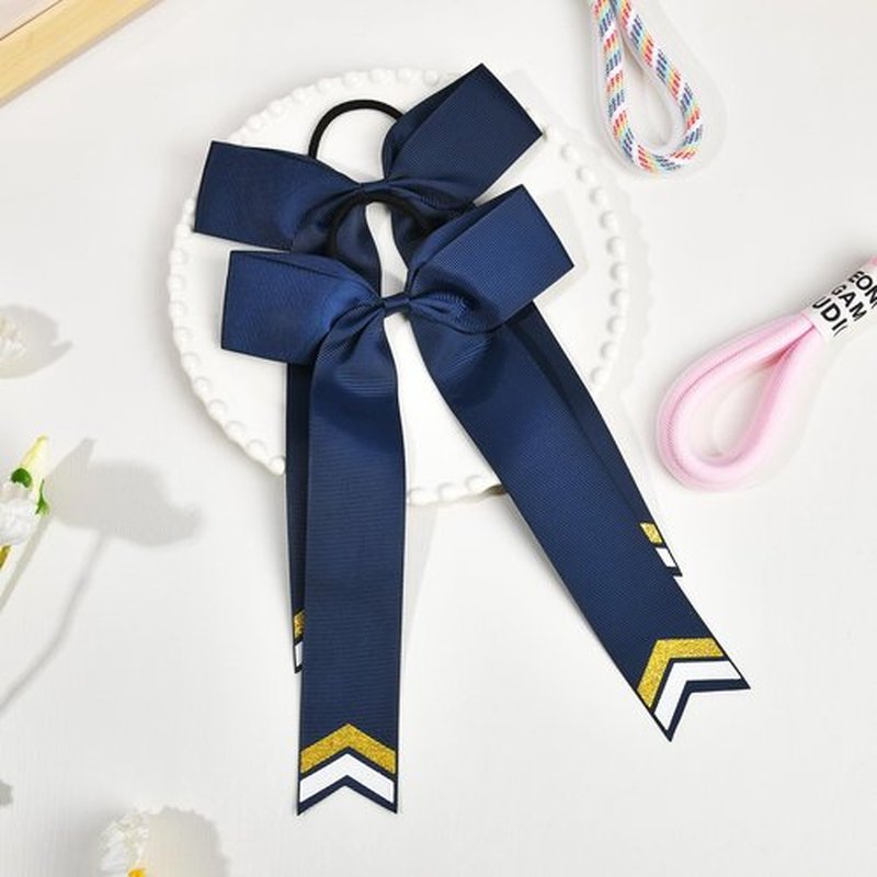 DEEKA 12PCS Collegiate Style Cheer Bows with Glitter Chevrons Tail Skinny College Cheerleader Ponytail Holder for Volleyball Softball Girls (Navy Blue/Gold/White)