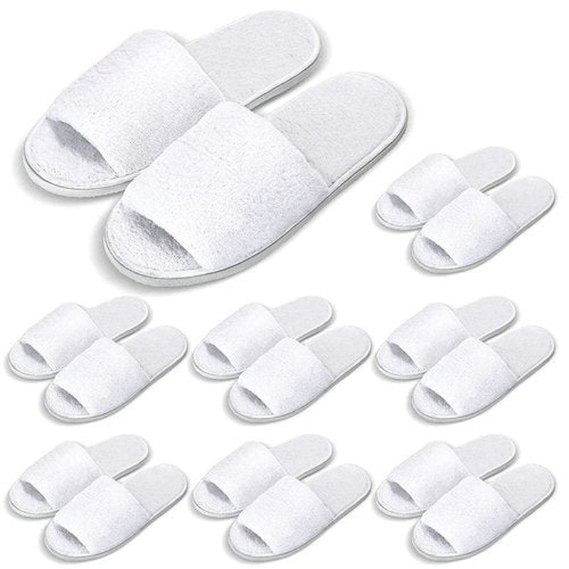 Shinymoon 8 Pairs Disposable Velvet Open Toe Non Slip Spa & Travel Slippers - White, Medium
