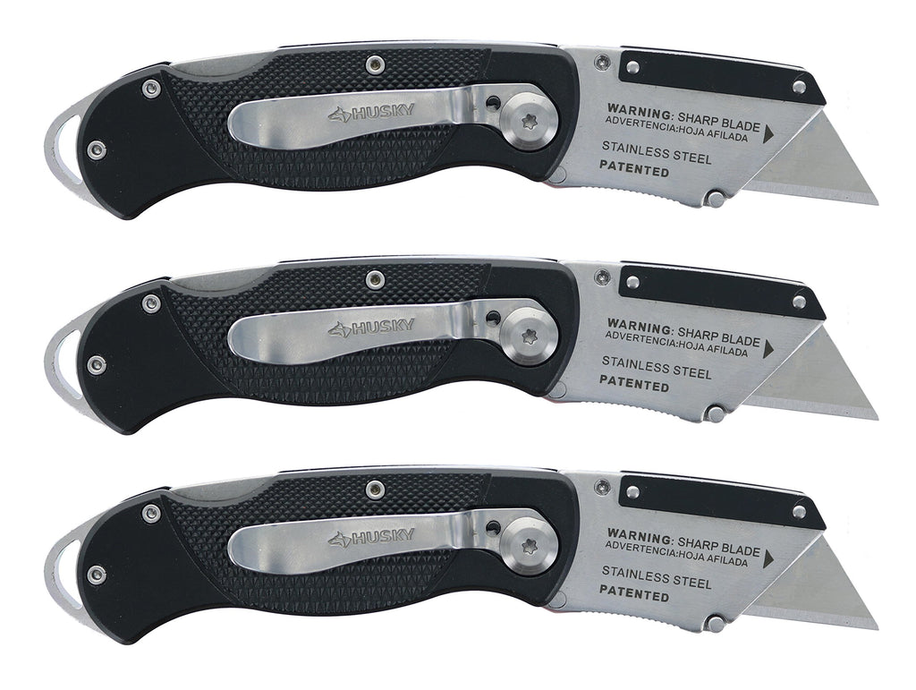 Husky Folding Sure-Grip Lock Back Utility Knives Multi Pack (3 Piece Set: 3 x Husky Knives w/ Blades) (Colors Vary)