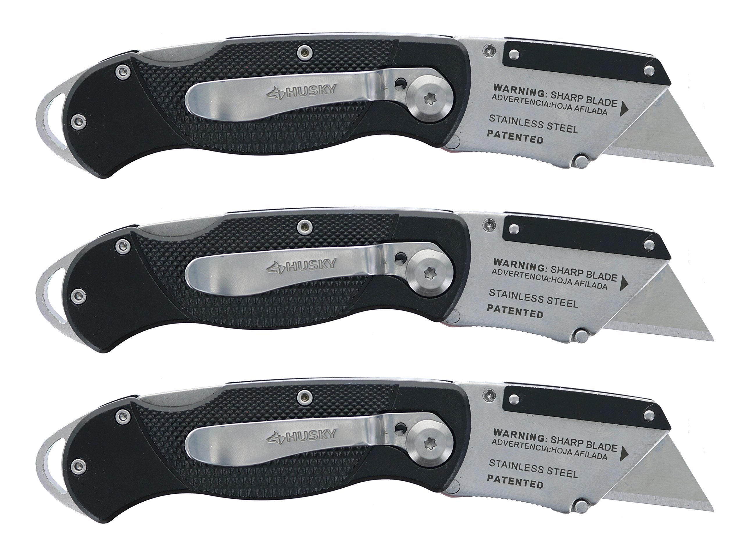 Husky Folding Sure-Grip Lock Back Utility Knives Multi Pack (3 Piece Set: 3 x Husky Knives w/ Blades) (Colors Vary)
