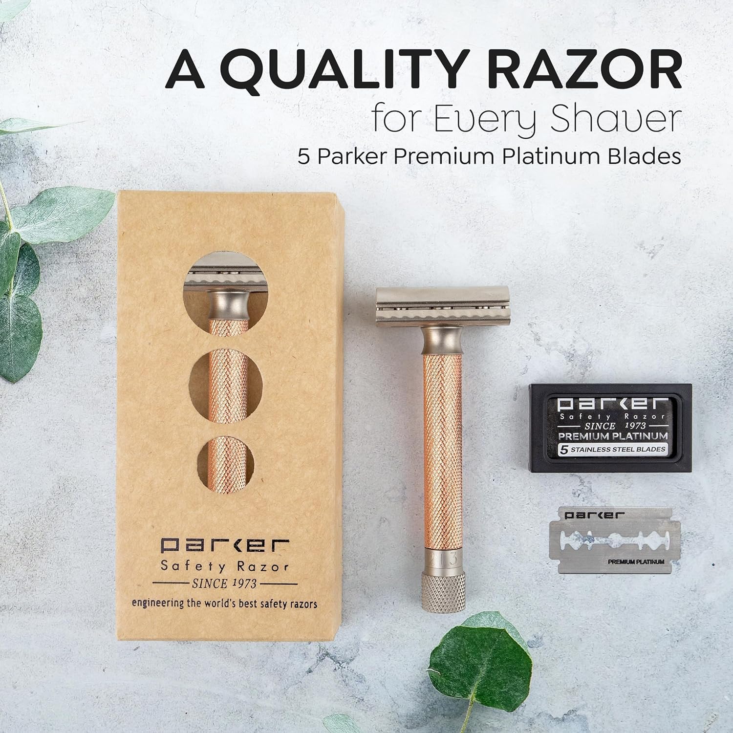 Parker THE VARIANT CLOSED COMB - ADJUSTABLE Double Edge Safety Razor, Customize your Shave with a Turn of the Dial from Mild to Aggressive - 5 Blades Included (ROSE GOLD)
