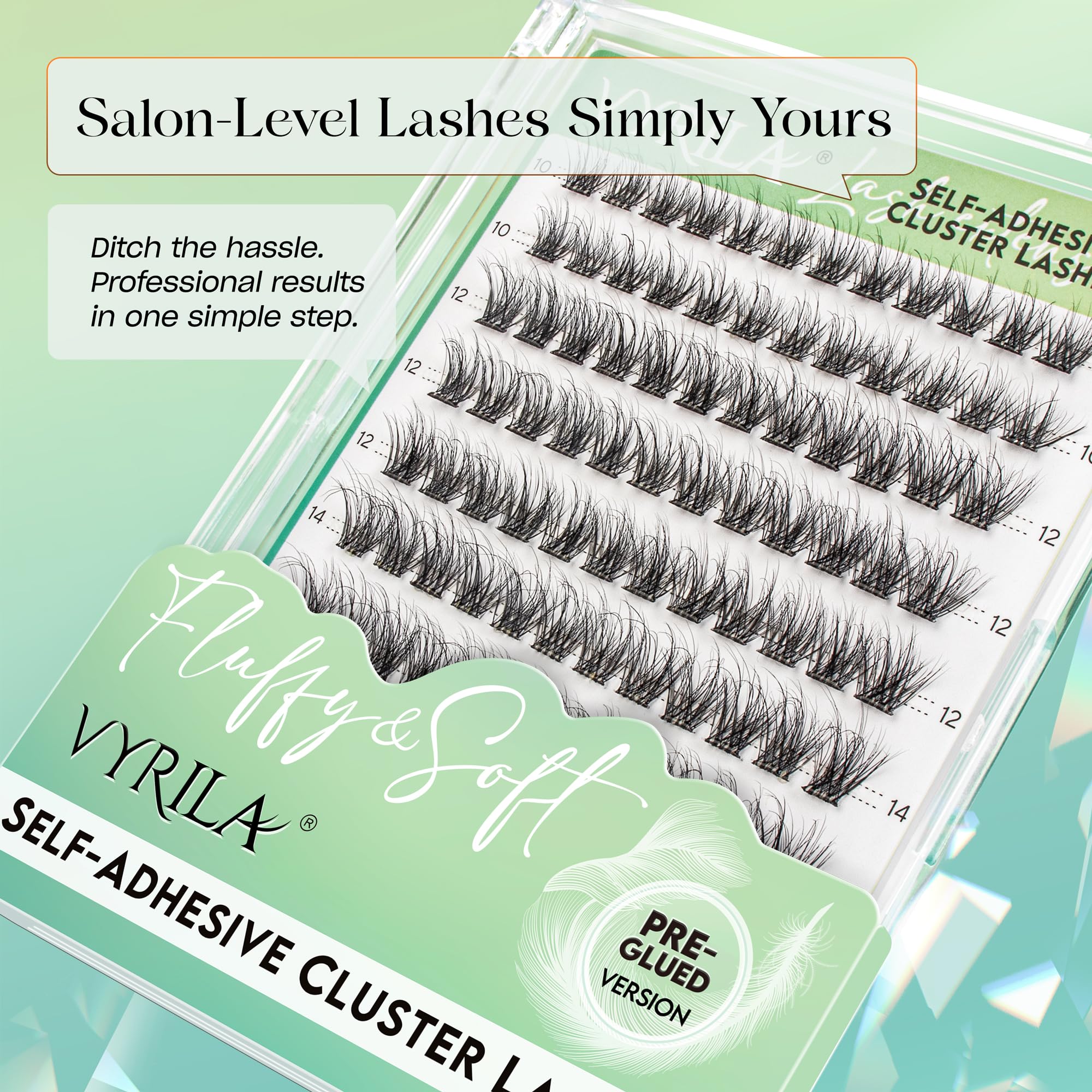 VYRILA Self-Adhesive Lash Cluster, 120pcs Pre-Glued Clusters, Pop-On Faux Eyelashes, 3D Band D Curl Natural Look Lahses, Easy to Apply, Reusable 0.05mm Eyelash Extensions (Green Hush-D-0.05-10-16mix)