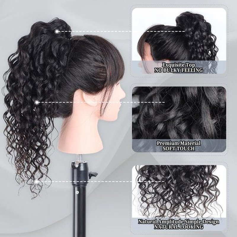 Ainimiu Water Wave Ponytail Extension Drawstring Human Hair Clip In Real Brazilian Virgin Human Ponytails For Black Women Wet And Wavy Hair Pieces Natural Black 20 Inch