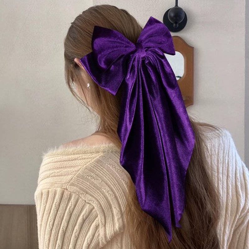 Purple Velvet Large Hair Bow Long Tail Bowknot Hair Barrette Clip 8.26 Inch Women Girls Fall Winter Ponytail Holder Hair Accessories