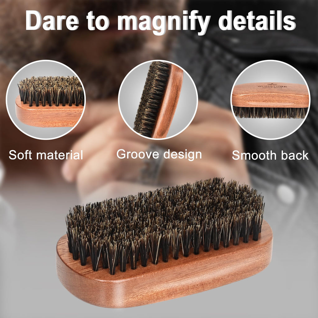Wonature Beard Brush - Men's Beard Care Tool Set with Wooden Sandalwood Comb & Travel Pouch, Styling & Detangling Travel Kit for All Beard Types