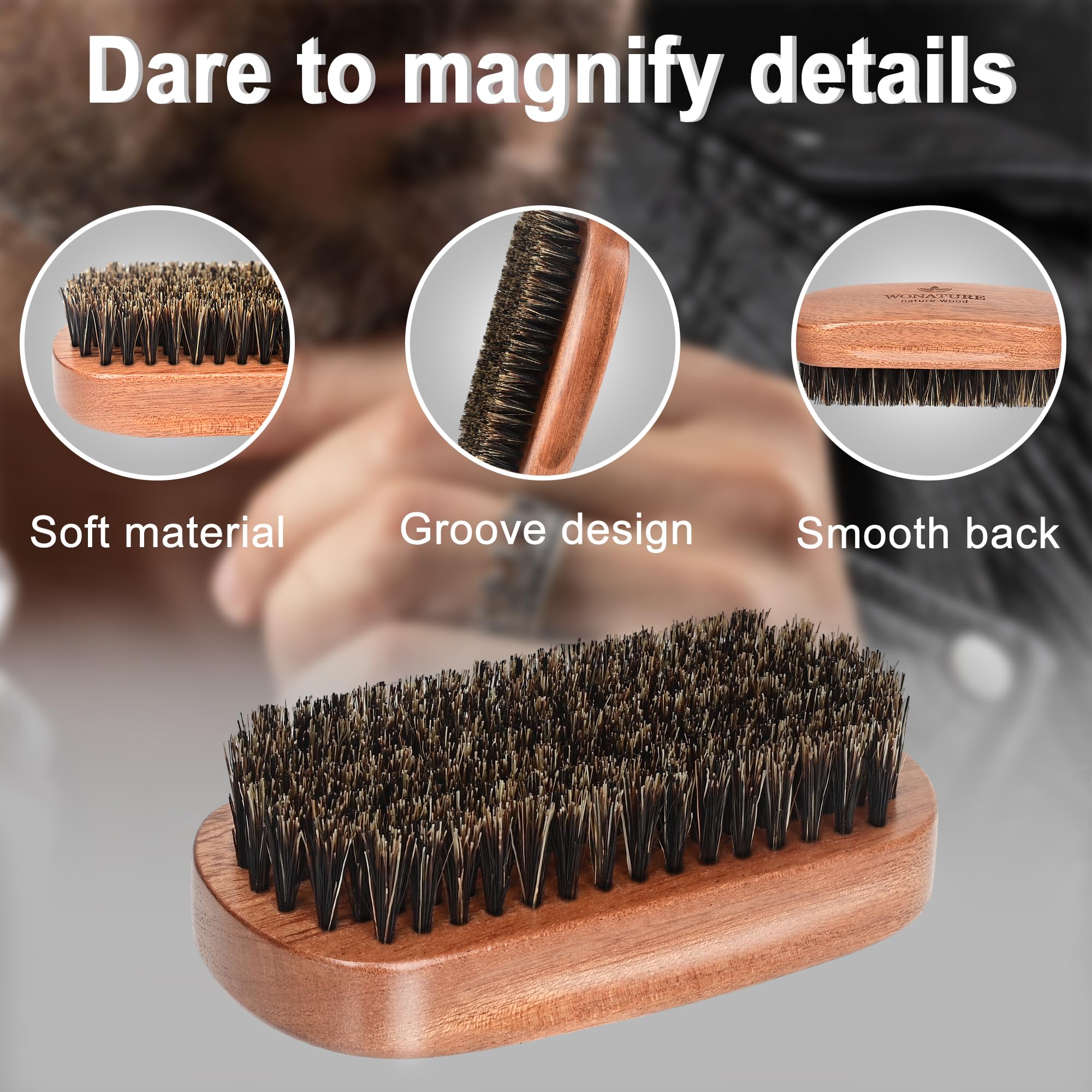 Wonature Beard Brush - Men's Beard Care Tool Set with Wooden Sandalwood Comb & Travel Pouch, Styling & Detangling Travel Kit for All Beard Types