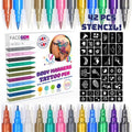 12 Metallic Temporary Tattoo Markers – Create Temporary Tattoos with Dual-Tip Body Markers, Bold & Fine Lines, Waterproof, Fast-Drying, Non-Toxic, 42 Stencils, Fake Tattoos Set, Tattoo