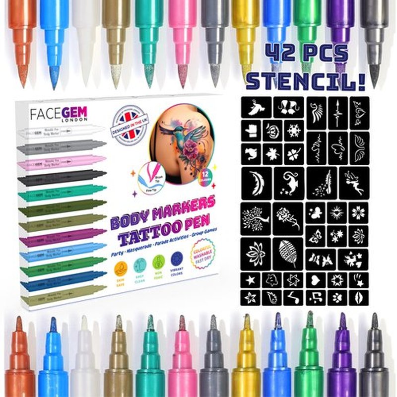 12 Metallic Temporary Tattoo Markers – Create Temporary Tattoos with Dual-Tip Body Markers, Bold & Fine Lines, Waterproof, Fast-Drying, Non-Toxic, 42 Stencils, Fake Tattoos Set, Tattoo