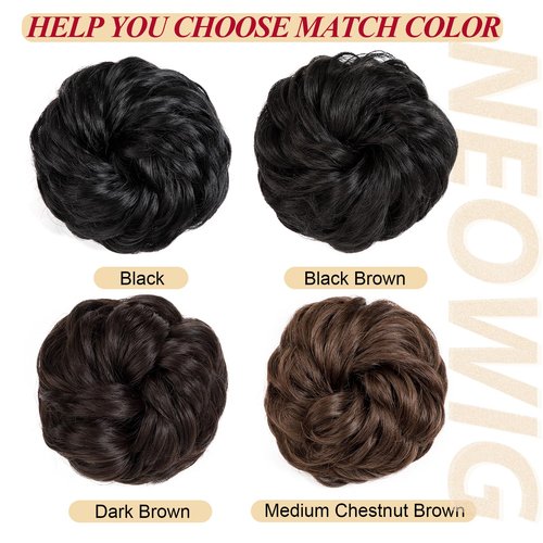 NEOWIG 2PCS Messy Bun Hair Piece Hair Bun Wavy Curly Synthetic Updo Fake Scrunchies Ponytail Extension for Women Black Brown