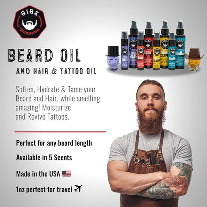 GIBS Grooming - Beard Oil & Tattoo Oil - Softens, Strengthens & Moisturizes Skin - 1 fl oz Travel Size