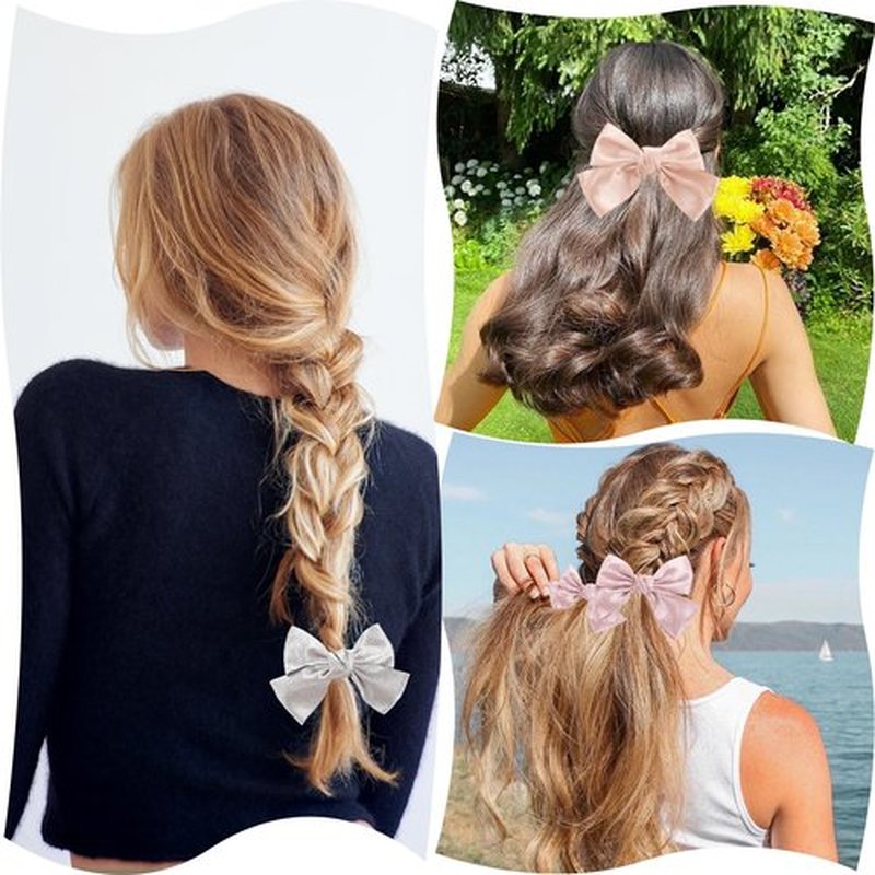 6PCS Large Bow Hair Clips Fashion Hair Bows with Rhinestone Handmade Hair Ribbons Clips French Barrette Bowknot Solid colors Hair Accessories for Women Girls