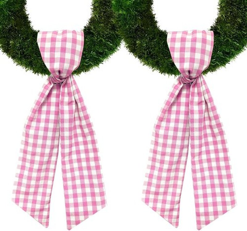 Regine Switzerland Christmas Wreath Sash - 2-Piece Pink Plaid Burlap Decor for Front Door & Celebrations