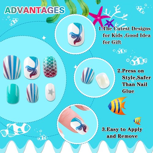 JANYUN 96 Pcs Kids False Nail Press on Nails Full Cover Short False Nails Children Nail Tips Lovely Gift for Kids Little Girls Nail Art Decoration (Blue Theme)