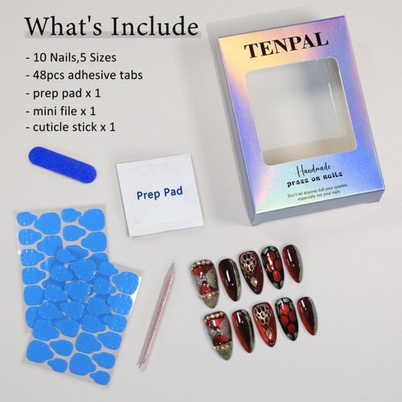 TENPAL 10Pcs Handmade Press On Nails Almond,Gothic Siren Fake Nails with Dramatic Cat Eye & Crimson Glow,Edgy Red & Black Glue on Nail Set with Tools,Glossy Vampy Nails for Concerts Night Events(M)