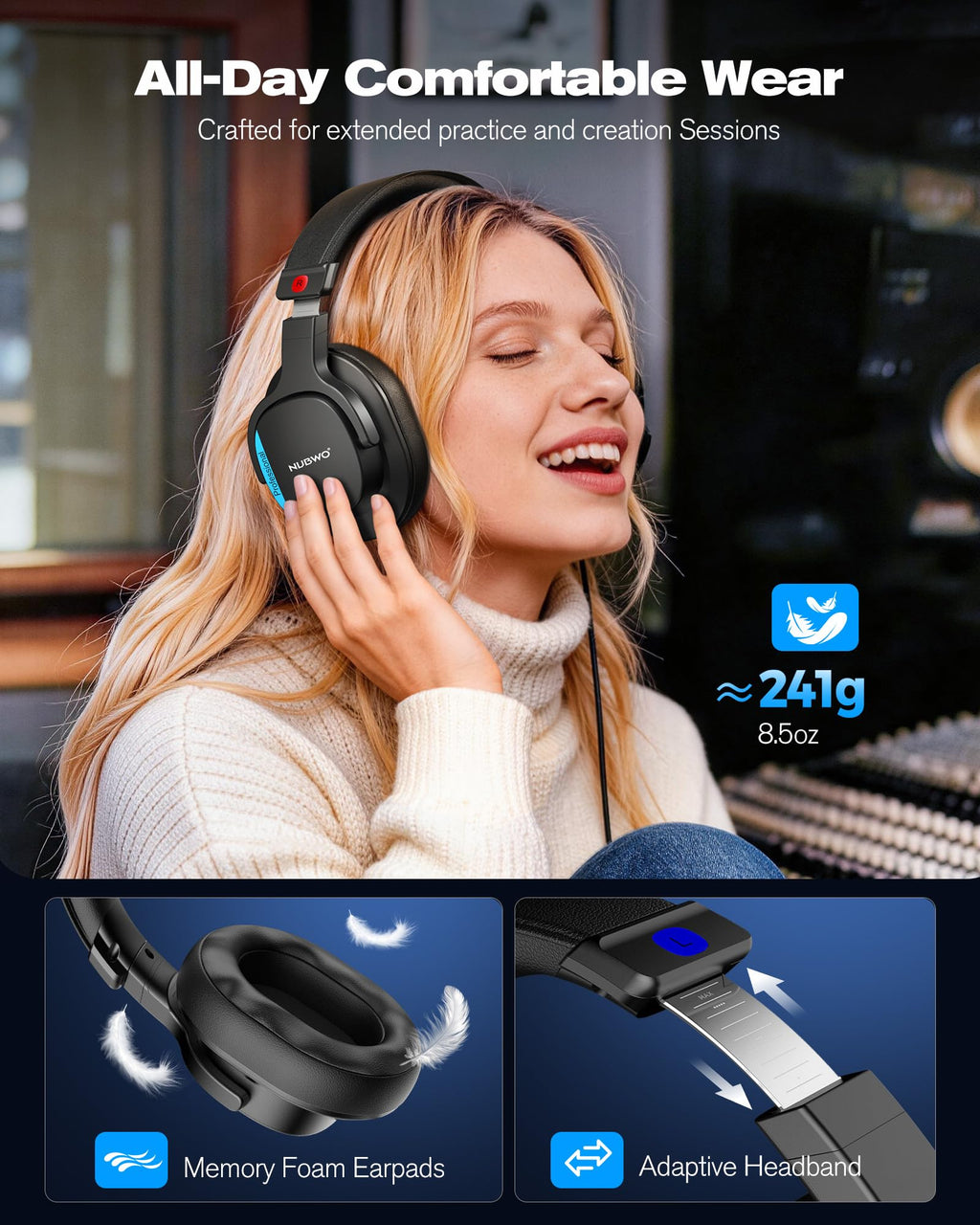 NUBWO HD01 Studio Monitor Headphones, Hi-Res Wired Over Ear Headphones with 1/4 inch to 3.5mm Adapter, Lightweight Closed Back DJ Headphones for Piano Guitar AMP Recording Mixer Amplifier