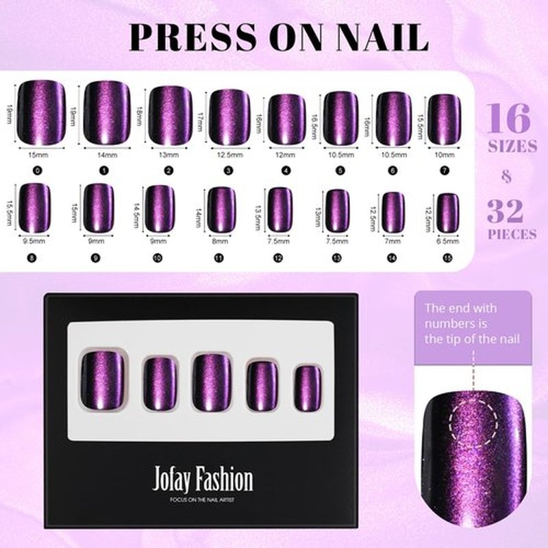 Cat Eye Press on Nails Short, Jofay Fashion Stylish Purple Square Press on Nails, Soft Gel Fake Nails, Reusable & Natural Acrylic False Nails, Stick on Nails for Women Gift, Glue on Nails Kit 32 Pcs