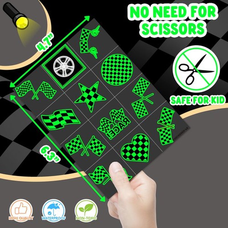 96 PCS Funny Race Car Checkered Flag Glow In The Dark Pre-Cut Black and White Temporary Tattoos Sticker Birthday Party Decorations Supplies Favors Gifts Boys Girls (Luminous)