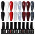 MEET ACROSS White Red Gel Nail Polish Set, 8 Colors Black Bloody Shimmer Red Silver Gel Polish Kit for All Seasons Soak Off Nail Manicure Gifts for Women