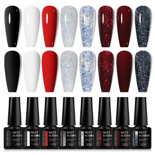 MEET ACROSS White Red Gel Nail Polish Set, 8 Colors Black Bloody Shimmer Red Silver Gel Polish Kit for All Seasons Soak Off Nail Manicure Gifts for Women