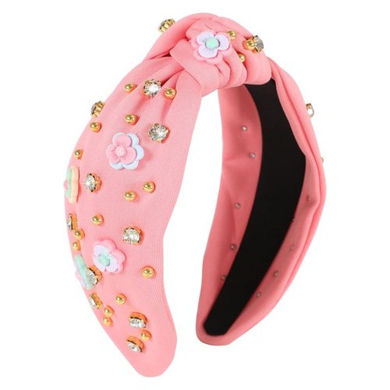 Gmmidea Flower Knotted Headbands for Women Sparkly Beaded Crystal Floral Headband Wide Top Knot Fancy Embellished Hairband Fashion Girls Summer Holiday Hair Accessories B-Pink