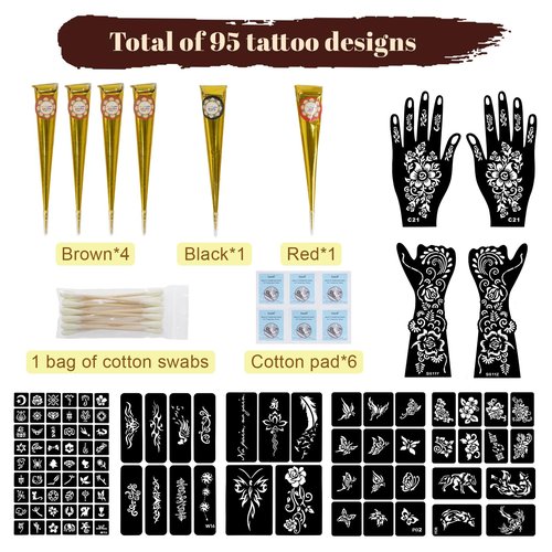 95 PCS Temporary Tattoos Stencils Kit,Temporary Tattoos Kit - 6 Pcs 3 Color(black*1,brown*4 & Red*1) Ink with 6 removal wipes,10 disposable cotton swabs DIY Body Art Painting for Women Men Adults