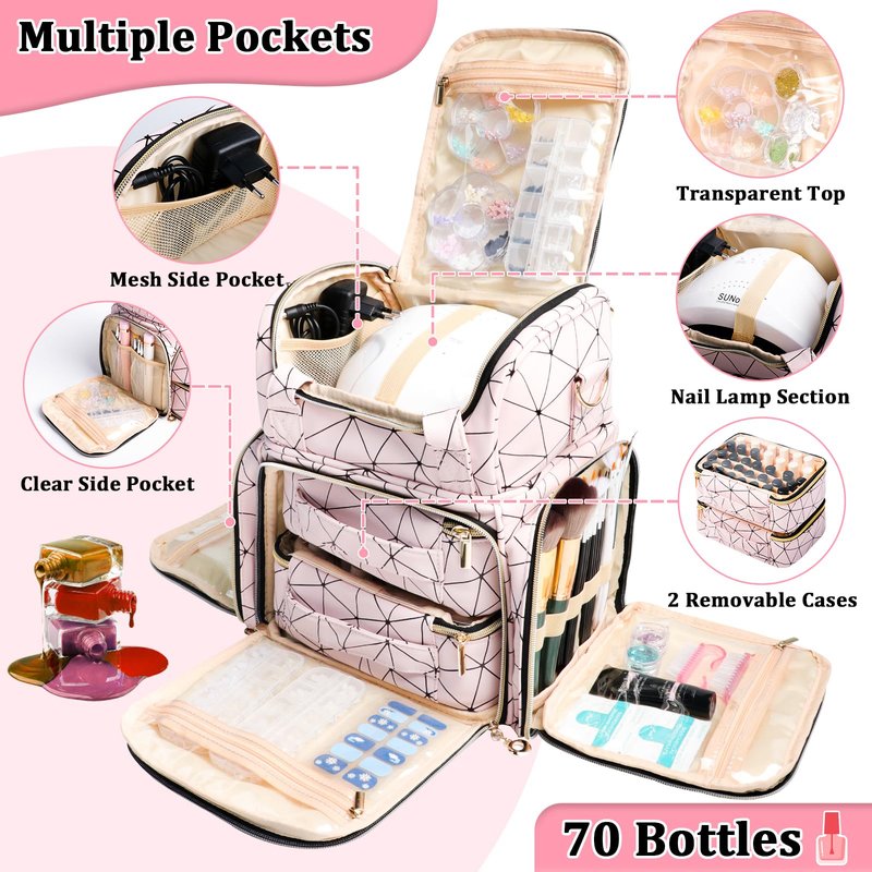 Veirdro Nail Polish Organizer Bag - PU Leather Shoulder Storage with 2 Removable Cases and Nail Lamp, Holds 70 Bottles - Portable Travel Backpack for Nail Tech Supplies (Pink)