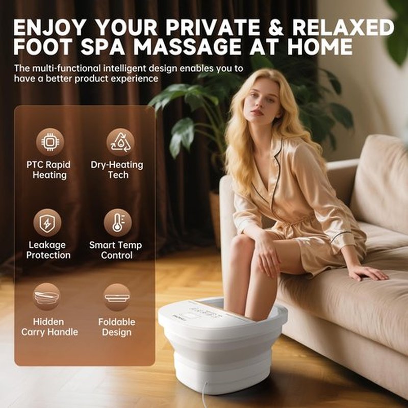 FTSAONG Collapasible Foot Spa Bath Massager with Heat, Pedicure Foot Spa with Bubbles and Jets/Timer/Temperature Control, Feet Soak Tub for Home, Office, Relaxation and Stress Relief (White)
