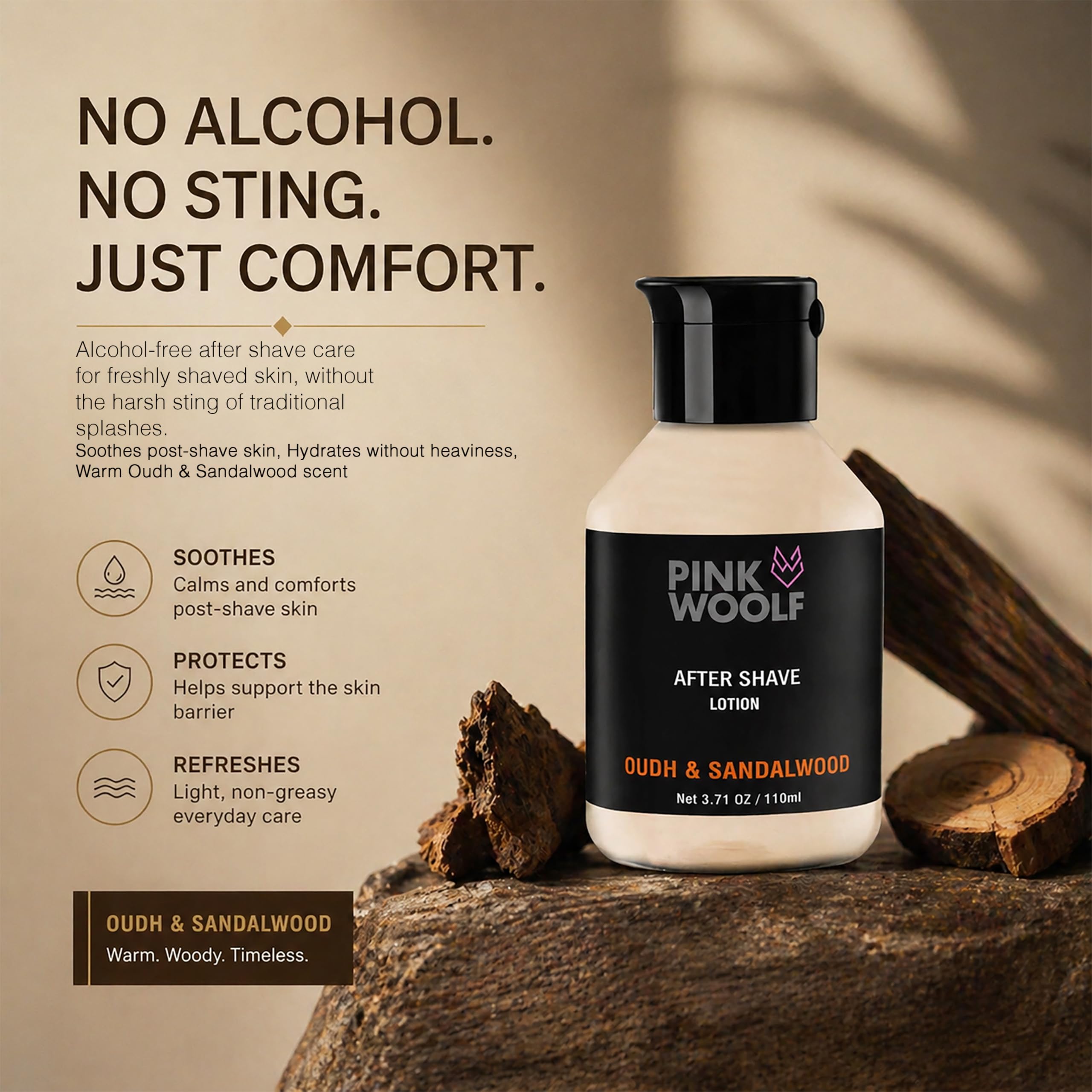 Pink Woolf After Shave Lotion for Men, Alcohol Free Aftershave Balm, Razor Burn & Irritation Relief, Fast Absorbing Post Shave Moisturizer, Oudh & Sandalwood, 3.7 oz