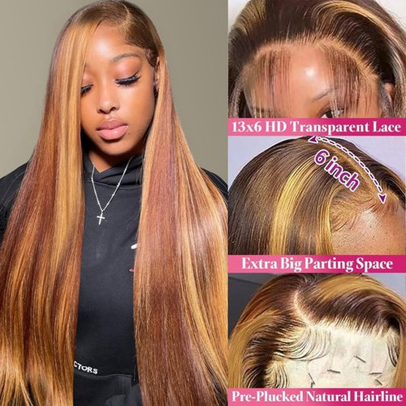 Honey Blonde Ombre Lace Front Wig Human Hair Highlight 13X6 Straight Lace Front Wigs Human Hair Pre Plucked 200 Density 4/27 Glueless HD Lace Frontal Highlighted Wig Human Hair for Women 24 Inch