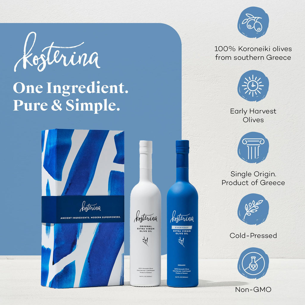 Kosterina Extra Virgin Olive Oil Gift Set | Polyphenol Rich Greek Olive Oil, Cold-Pressed EVOO, Early Harvest Koroneiki Olives | High Antioxidant Superfood | Harvested in Greece (16.9 oz | Set of 2)